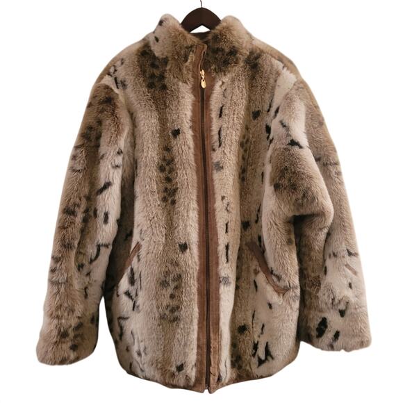 Vntg Womens Reversible Suede Leather & Faux Leopard Fur Coat Size L Tan Winlet - Picture 1 of 16